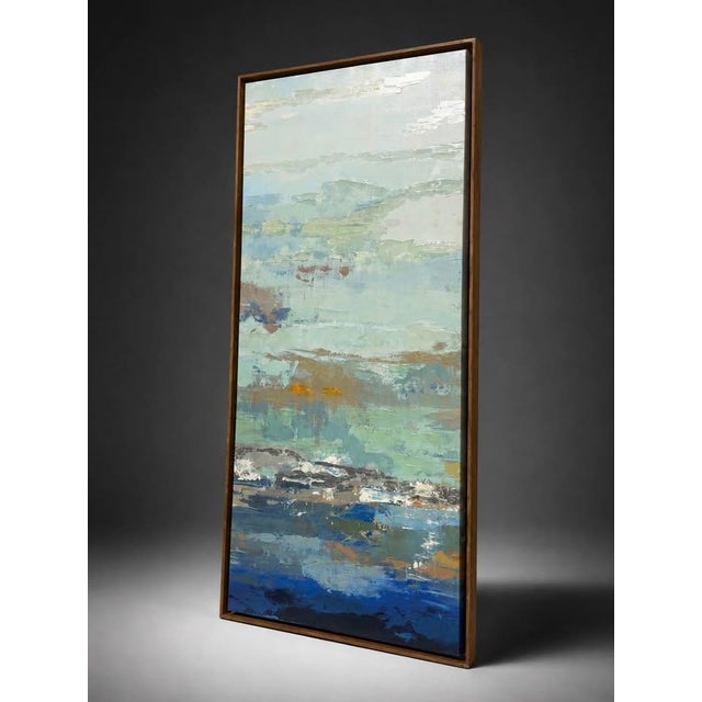 Large abstract oil painting on canvas featuring a layered palette of blue, green, gray, brown, cream, and deep navy tones....