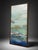 Large abstract oil painting on canvas featuring a layered palette of blue, green, gray, brown, cream, and deep navy tones....