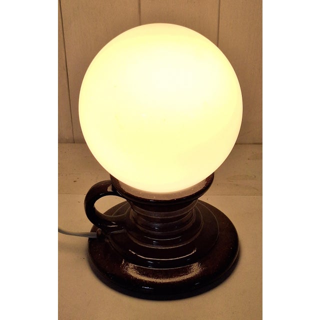 Glass Vintage Pan Table Lamp with Brown Ceramic Base and Opaque White Glass Globe, 1970s For Sale - Image 7 of 9