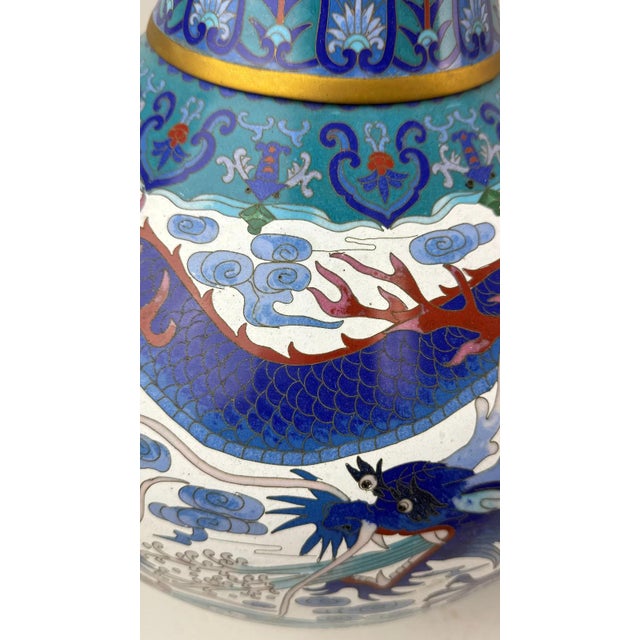 Monumental Pair of Chinese Cloisonne Enamel Blue and White Dragons Vases For Sale - Image 12 of 16