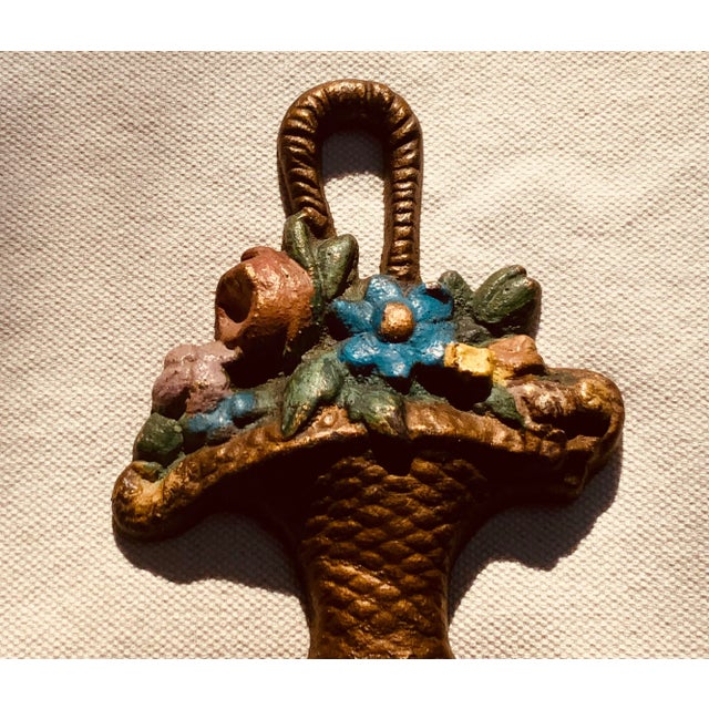Art Deco Antique Cast Iron Floral Basket Doorstop - Hand-Painted, Circa 1900 For Sale - Image 3 of 11