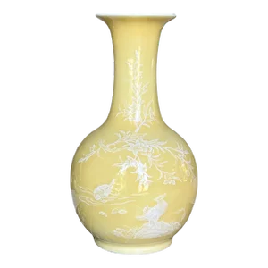 Vintage Lemon Yellow Monochrome Fine Porcelain Chinese Vase With Hand Painted White Pate Scenic Relief