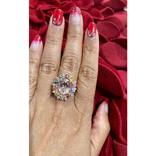 4.37 Carat Morganite Diamond Multicolor Sapphire Rose Gold Cocktail Ring, Size 7 For Sale - Image 4 of 5