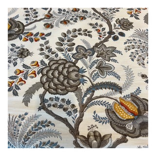 High End English Designer Bennison Charcoal Blue on Oyster Palampore Linen and Cotton Fabric- 8 Yards For Sale