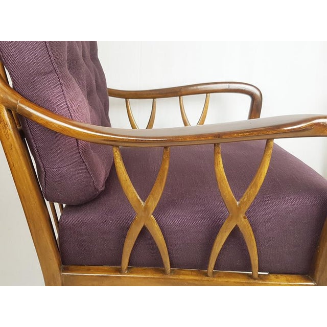 Mid-Century Modern Wood & Purple Fabric Armchair attributed to Paolo Buffa, 1950s For Sale - Image 3 of 12
