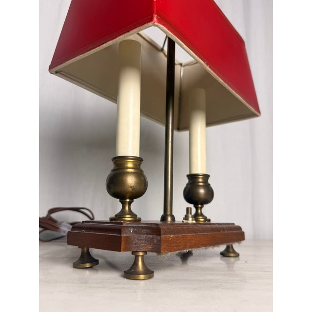 Vintage 2-Light French Bouillotte Style Table Lamp With Red Shade, Antique Brass & Wood Desk Lamp For Sale In Pittsburgh - Image 6 of 17