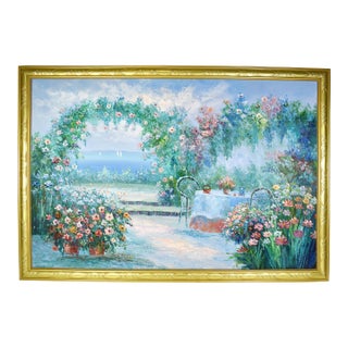 Mid 20th Century Framed Oil Painting Impressionist Courtyard Scenic Garden With Seaside View For Sale