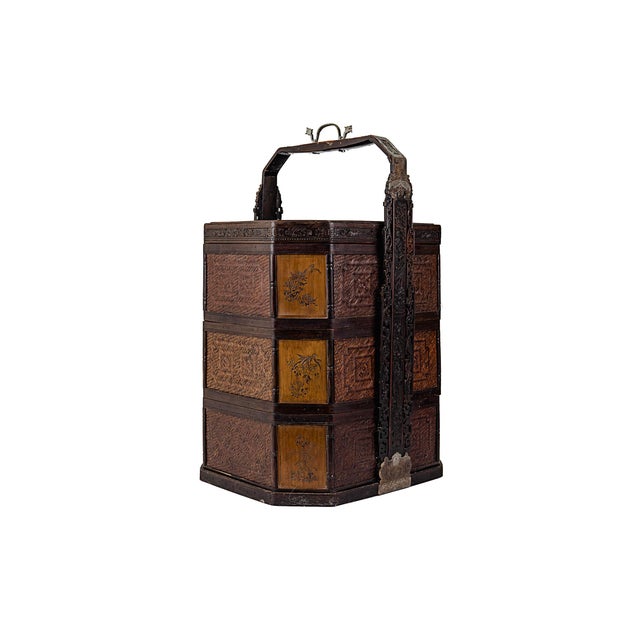 Wood Antique 3 Three Tiered Wood & Bamboo Rattan Chinese Wedding Basket For Sale - Image 7 of 18