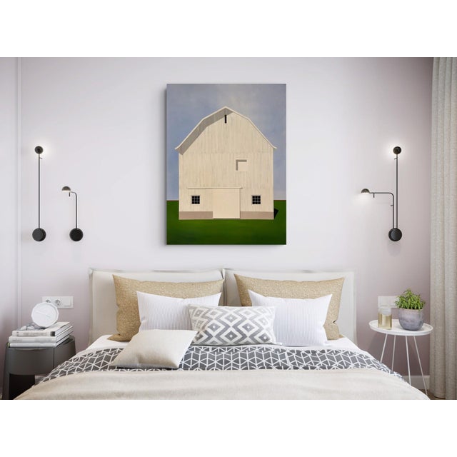Textile El Guapo by Justin Wheatley | Acrylic on Canvas White Barn With Green Field For Sale - Image 7 of 11