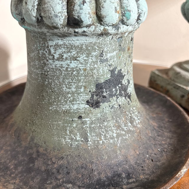 Verdigris Vintage Pair French Country Cast Iron Verdigris Green Garden Urns Planters For Sale - Image 8 of 8