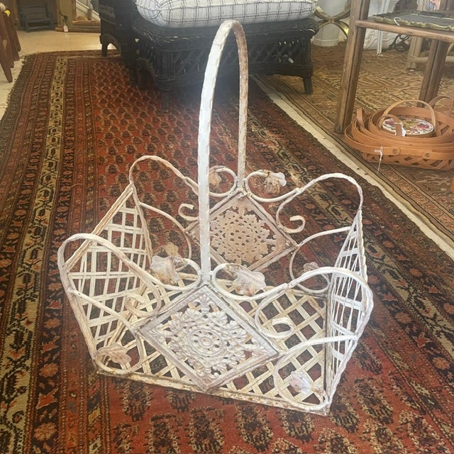 Rustic European Vintage Victorian French Style White Iron / Lattice Rectangle Basket W/ Leaves/Tiles & Fixed Handle For Sale - Image 3 of 18