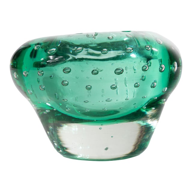 Italian Murano Bullicante Green Cased Glass Bowl, 1950's For Sale
