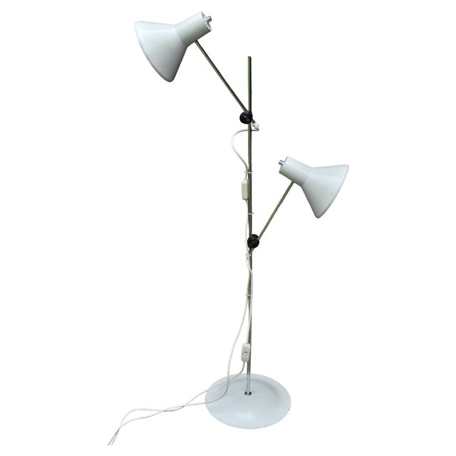 Mid Century Modern White Twin-Head Standard Lamp by G. A. Scott for Maclamp, England. Featuring a chrome stem, weighted...