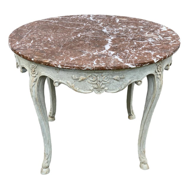 Mid 20th Century French Marble-Top Round Center Table With Painted Carved Wood Base For Sale