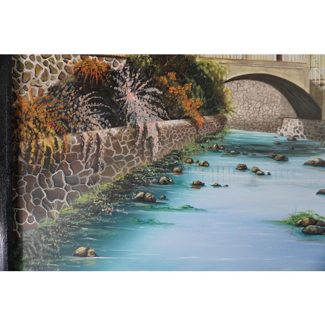 Mediterranean Large Original Mediterranean Village Landscape Oil Painting | 40” X 48” | Framed Architectural River Scene For Sale - Image 3 of 4