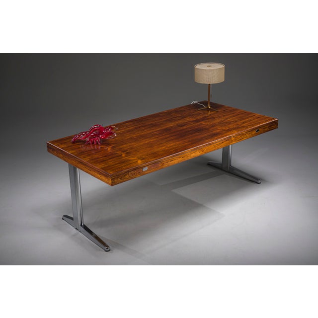 Executive Desk in Fine Hardwood Veneer on Nickel-Plated Steel Legs, 1970s For Sale - Image 11 of 18