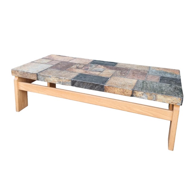 Brutalist Mixed Slate & Oak Coffee Table from Van Bennekom, Netherlands, 1970s For Sale - Image 3 of 13