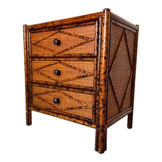 Vintage British Colonial Style Burnt Rattan and Cane Nightstand For Sale