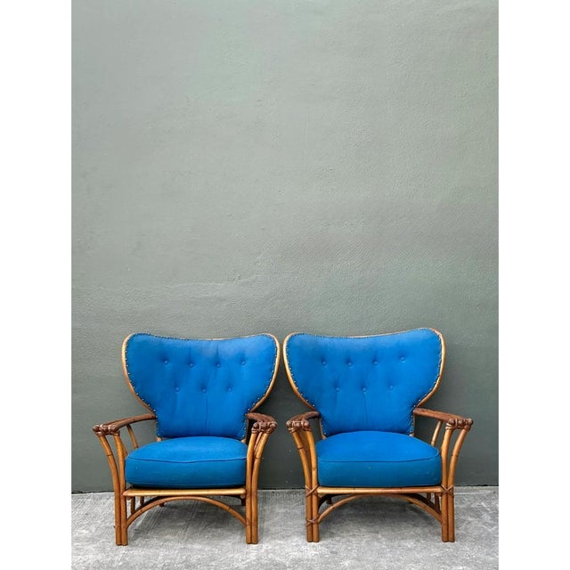 Vintage Heywood Wakefield Rattan Lounge Chairs - Pair For Sale - Image 9 of 13