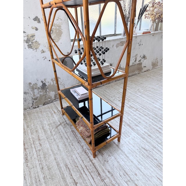 Rattan and Black Glass Bookcase, 1960s For Sale - Image 11 of 18