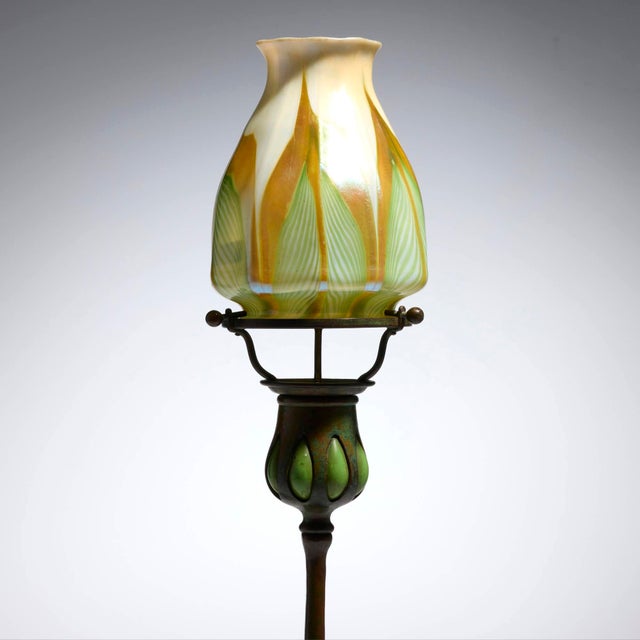 American Antique Tiffany Studios Pulled Feather Favrile Glass Blown-Out Candlestick Lamp For Sale - Image 3 of 9