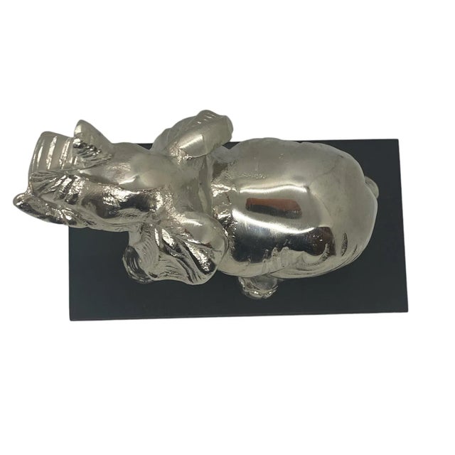 Contemporary Silver Aluminum Metal Elephant Sculpture Standing on Black Wood Plinth For Sale In Washington DC - Image 6 of 12