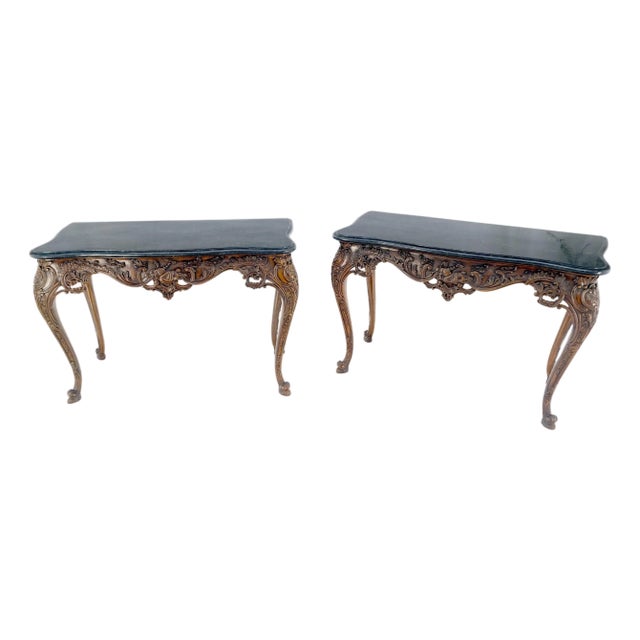 Pair of Beautifully Carved Black Marble Tessellated Top Console Hall Wall Tables For Sale