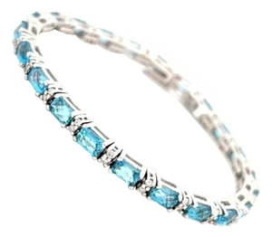 Classic Emerald-Cut Swiss Blue Topaz Bracelet with Diamonds, 14 Kt Yellow Gold