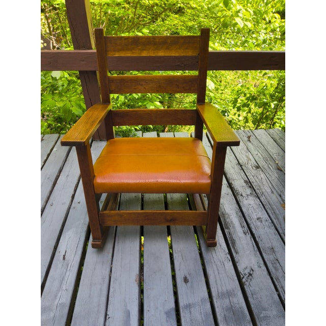 Antique Child's Solid Oak Mission Leather Rocking Chair For Sale - Image 4 of 7