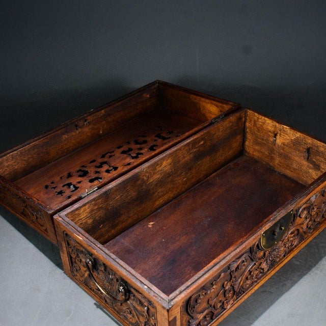 Openwork Carved Hardwood Chest, Chinoiserie Floral Scroll Jewelry & Scent Box For Sale In Los Angeles - Image 6 of 8