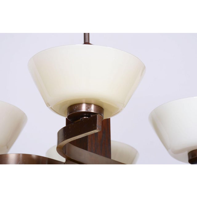 1920s Art Deco Chandelier in Oak, Brass, and Opaline Glass, Czech, 1920s For Sale - Image 5 of 10