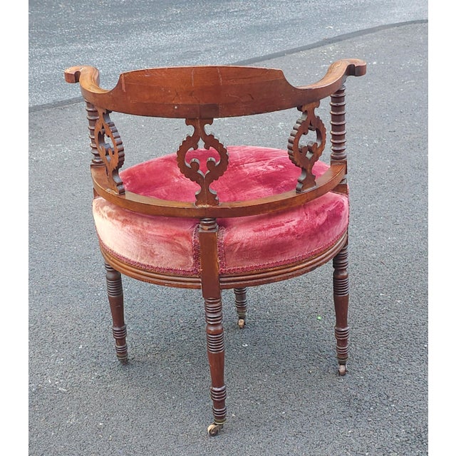 Early 20th C. Victorian Mahogany and Upholstered Corner Barel Chair For Sale In Washington DC - Image 6 of 9