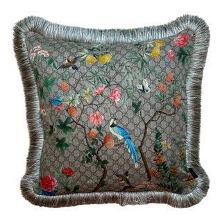 Gucci Logo Tree of Life Tian Chinoiserie Vintage Silk Scarf Pillow 22" For Sale