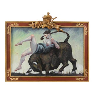 Mark Beard, New York/Utah, B. 1956, a Semi-Nude Woman on the Back of a Bull., Oil on Board, 24" X 36". Framed 33.5" X 41" For Sale