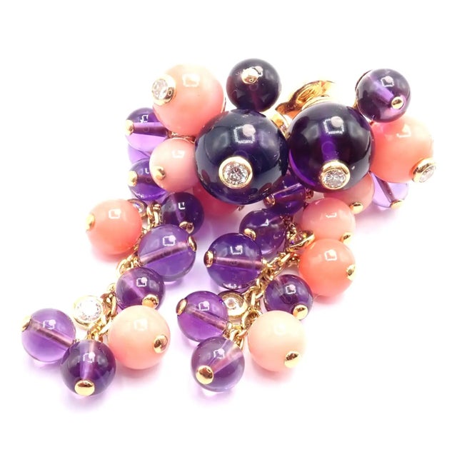 Cartier 1980s Pair of Cartier Rose Gold Coral Amethyst Diamond Delices De Goa Earrings For Sale - Image 4 of 17
