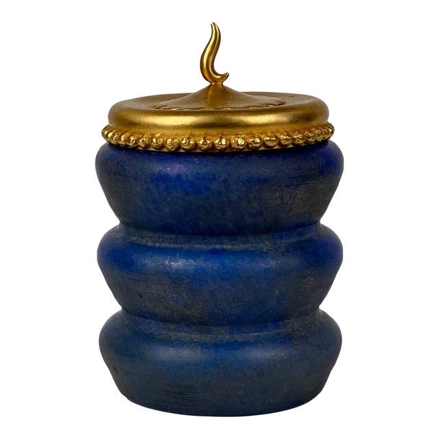 Vintage Italian Vetri Soffiati Blue Art Glass Canister With Gilded Metal Lid by CX Design For Sale