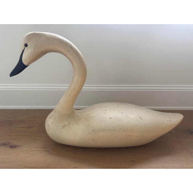 Large Folk Art Antique Painted Wooden Swan Decoy For Sale - Image 4 of 6