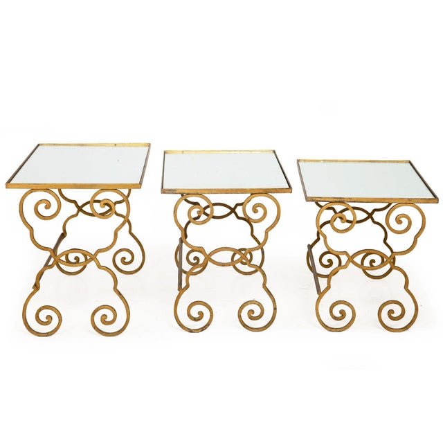 Hollywood Regency French Moderne Gilded Iron Set of Three Nesting Tables Ca. 1950s For Sale - Image 3 of 15