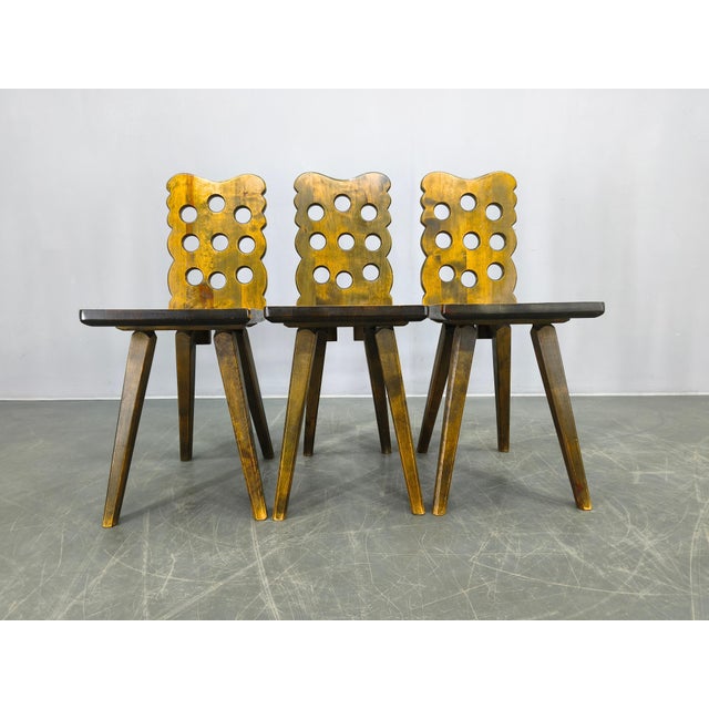 Brutalist Wooden Chairs, Former Czechoslovakia, 1950s, Set of 3 For Sale - Image 4 of 16