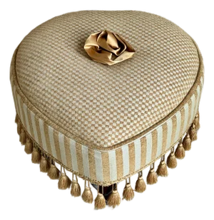 Upholstered Heart Shaped Foot Stool With Silk Rosette Detail and Fringe Skirt