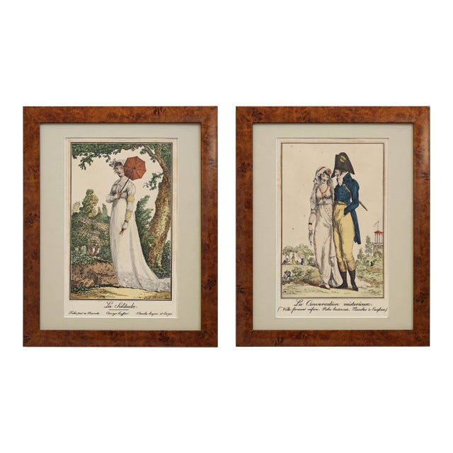Pair Antique French Fashion Lithographs After Debucourt Directoire Style Framed Incroyable For Sale