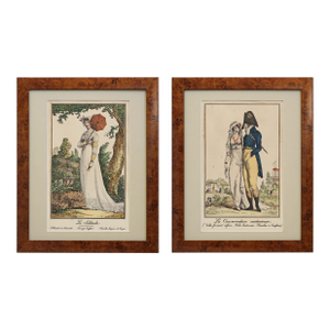 Pair Antique French Fashion Lithographs After Debucourt Directoire Style Framed Incroyable