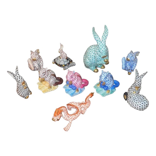 Set of Ten Herend Fishnet Porcelain Animal Figurines. Hungary, 20th Century. For Sale