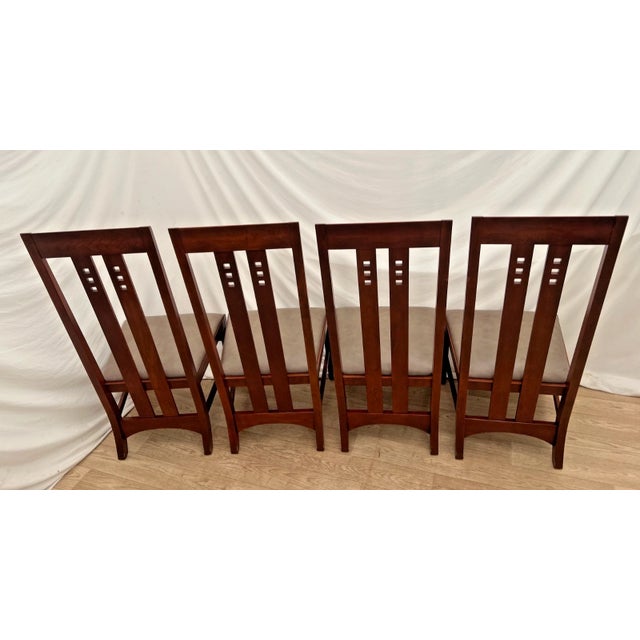 2010s Four Stickley Arts and Crafts Side Chairs Slat Back Leather Seats Solid Cherry For Sale - Image 5 of 14