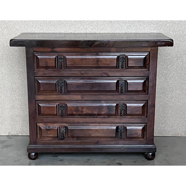 Baroque 20th Catalan Spanish Baroque Carved Walnut Tuscan Four Drawers Chest of Drawers For Sale - Image 3 of 10
