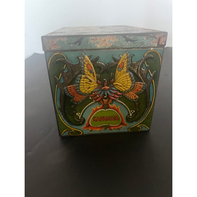 1920s Antique Polychromed Kapamenb Caramel Candy Tin Metal Box With Lid For Sale - Image 5 of 7