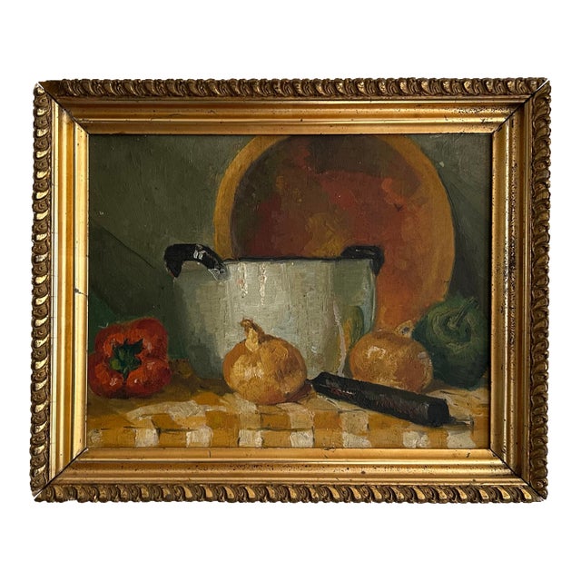Antique Still Life of Vegetables on Checkers Tablecloth With Wood Bowl Oil Painting in Gold Frame For Sale