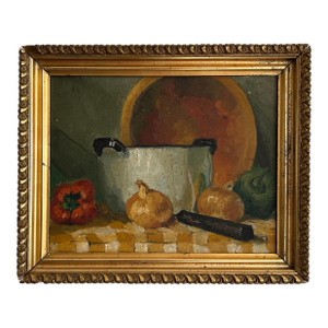 Antique Still Life of Vegetables on Checkers Tablecloth With Wood Bowl Oil Painting in Gold Frame