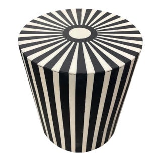 Vintage Optical Sunburst Resin-Inlay Wooden Drum Side Table For Sale