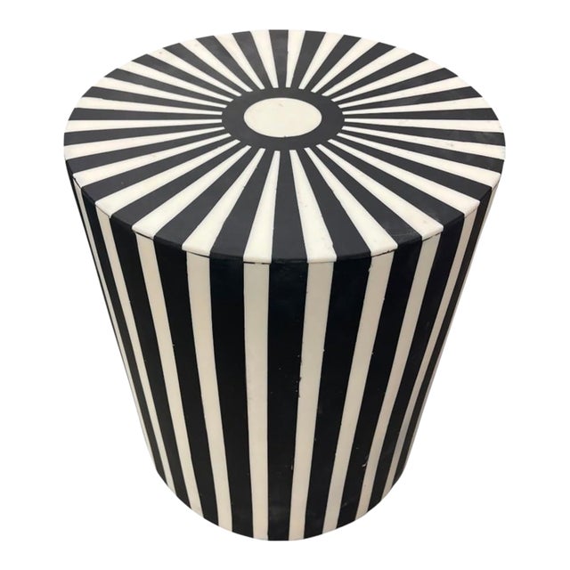 Vintage Optical Sunburst Resin-Inlay Wooden Drum Side Table For Sale